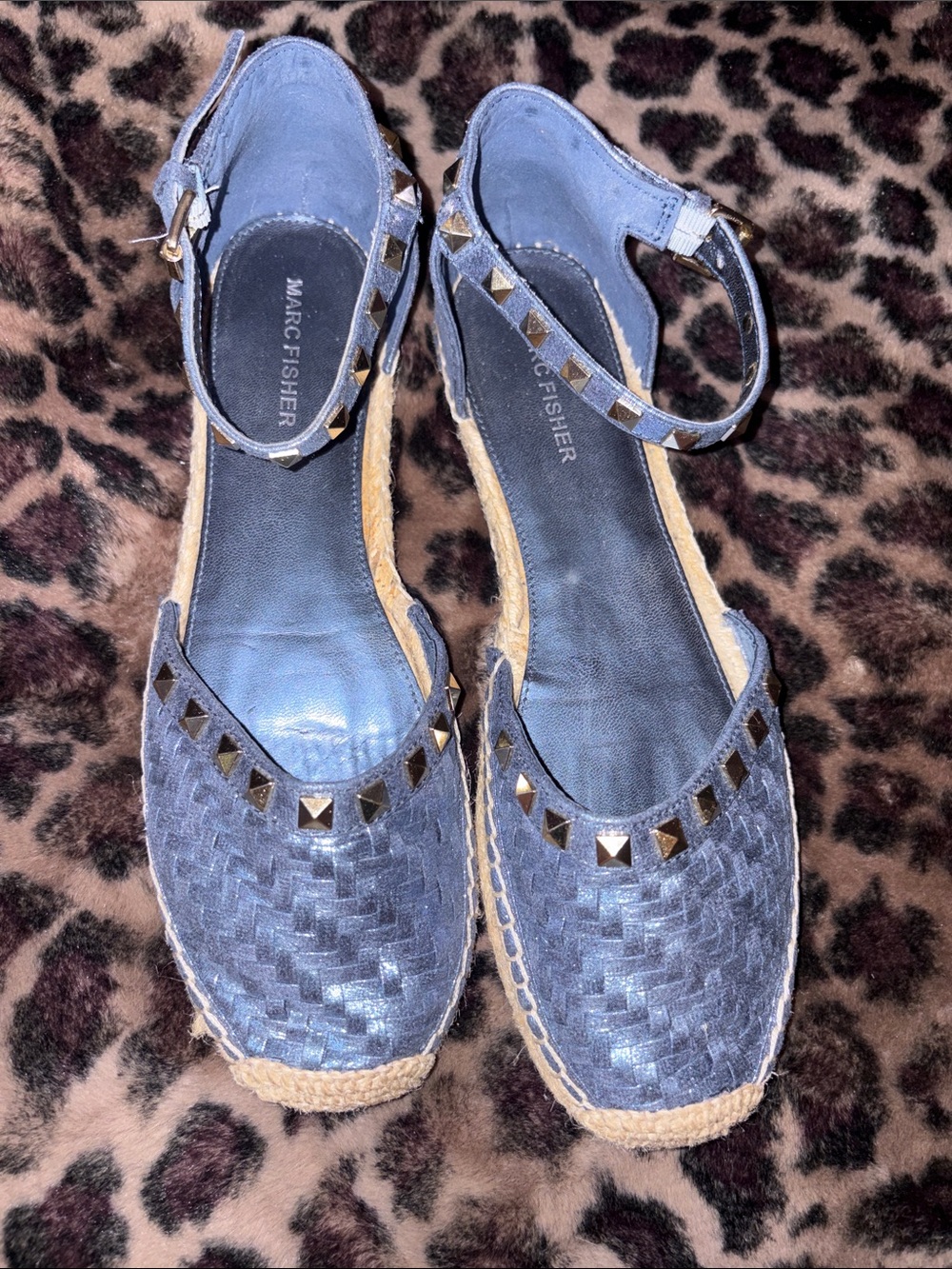 Marc Fisher Denim Blue Woven Espadrille Ankle-Strap Flats with Studs